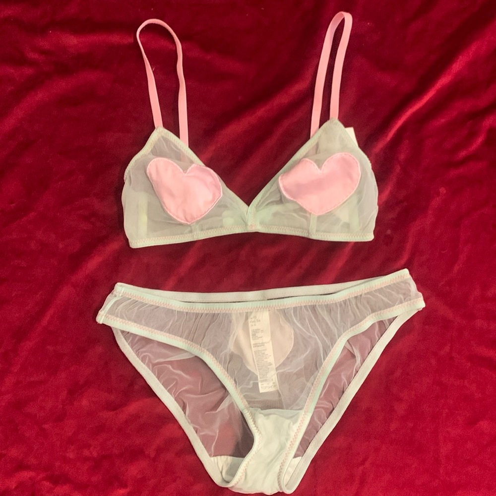TOPSHOP Pale Green Mesh Pink Satin Hearts Bralette + Panty Set NWT Size 4/Small